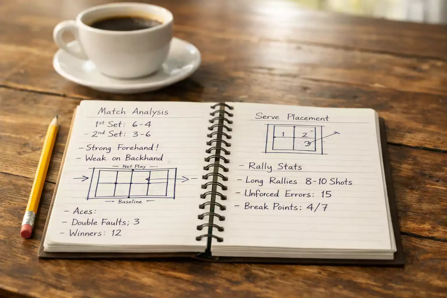 Bloc de notas con análisis de partidos de tenis