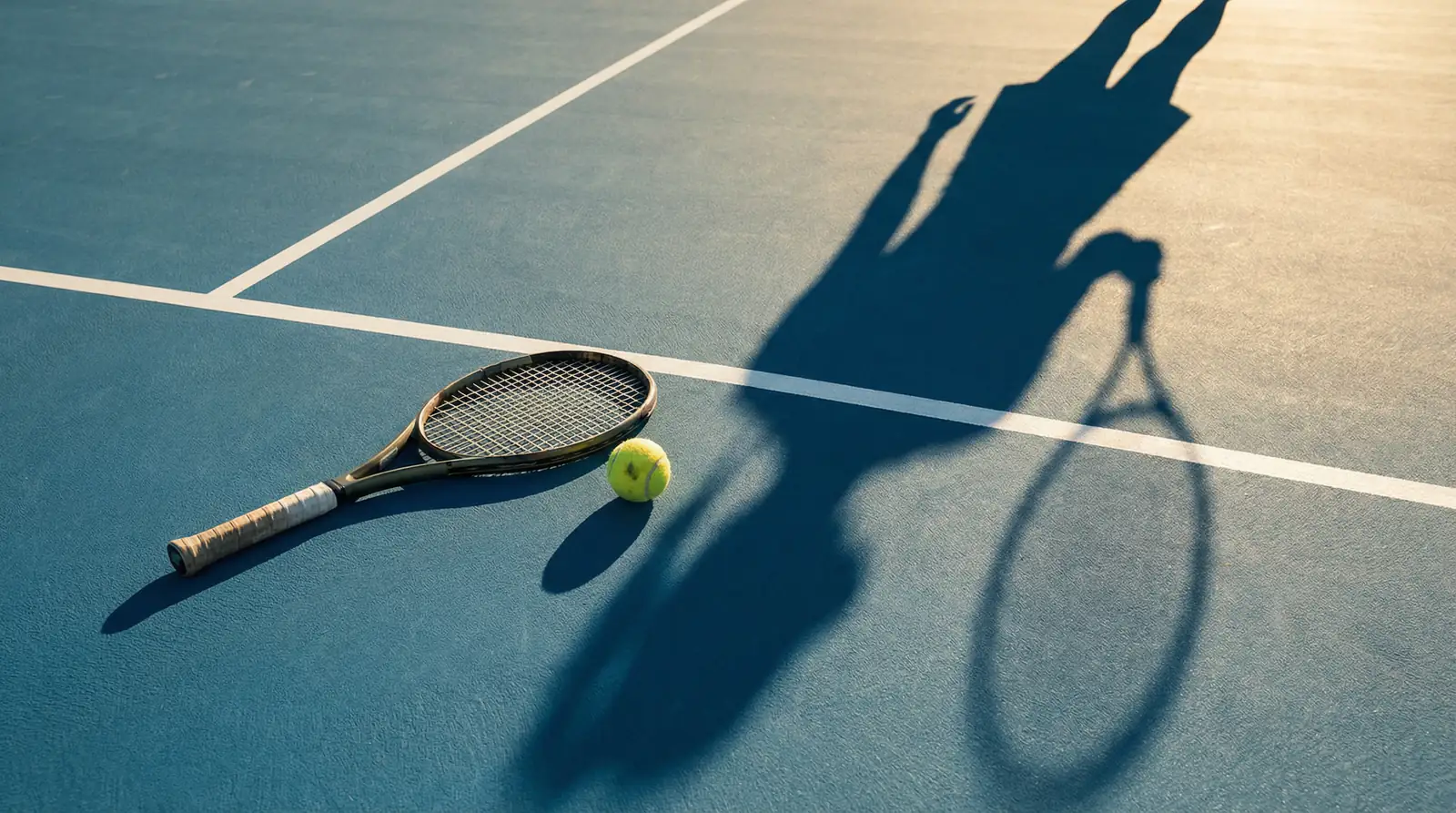Raqueta de tenis y pelota sobre una pista dura con sombra de una jugadora