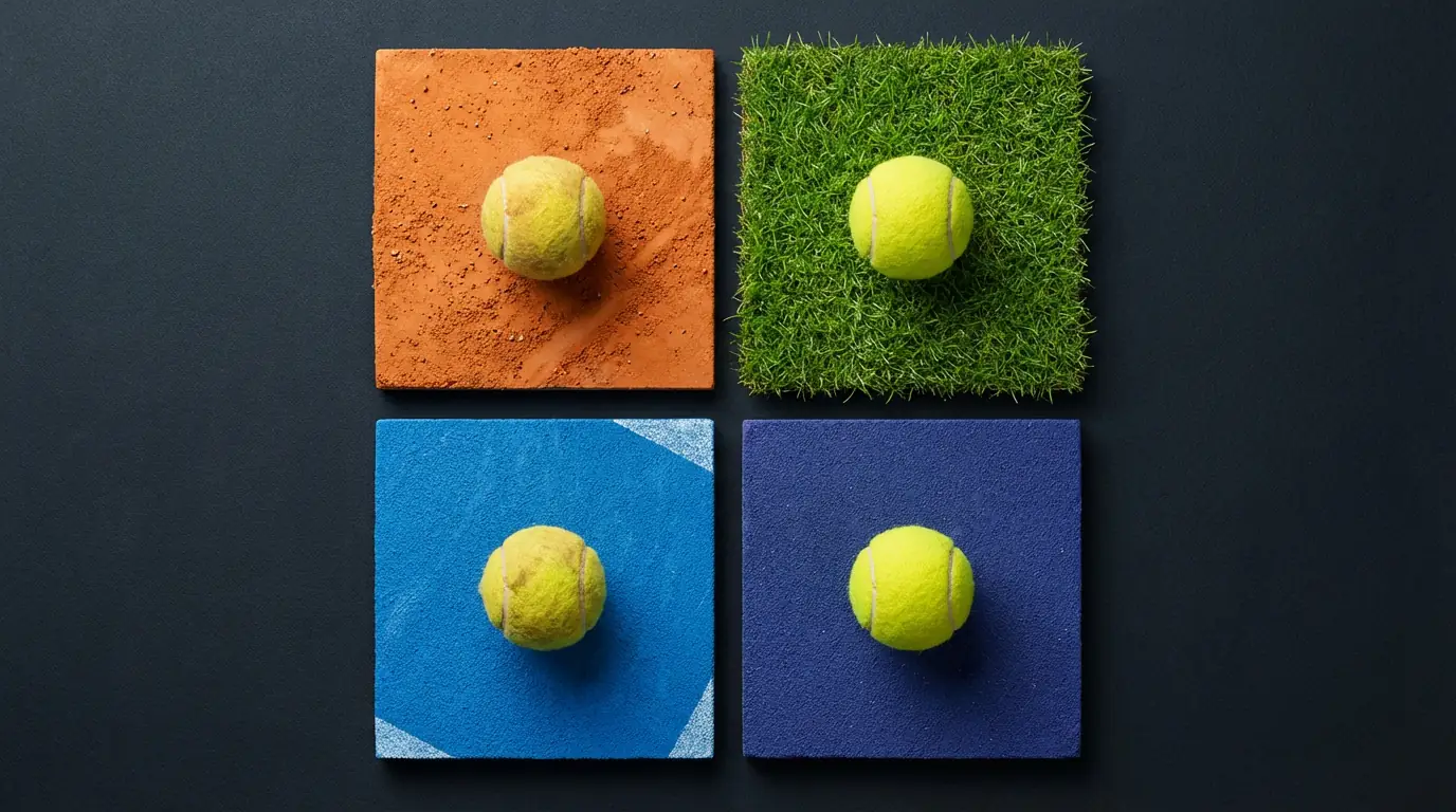 Cuatro pelotas de tenis sobre diferentes superficies representando los Grand Slam