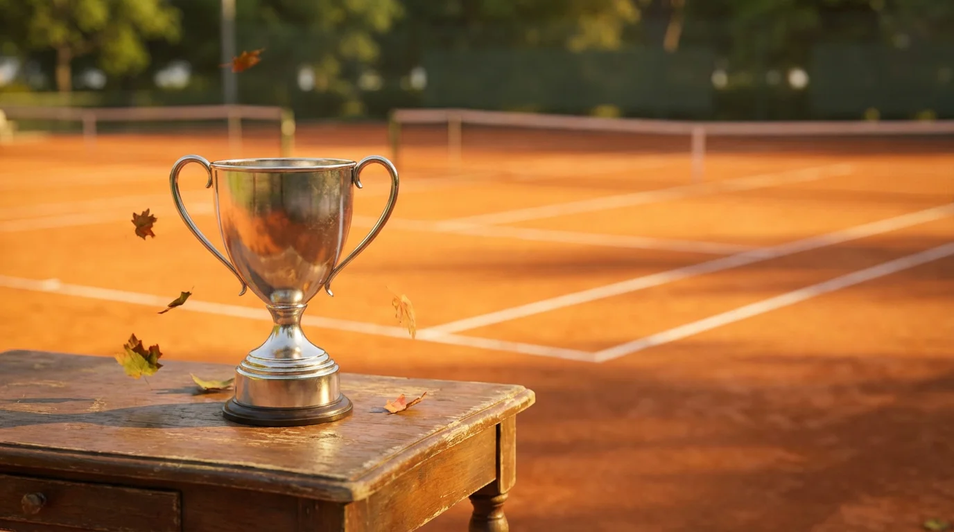 Trofeo de tenis dorado sobre una mesa con una pista de arcilla desenfocada al fondo