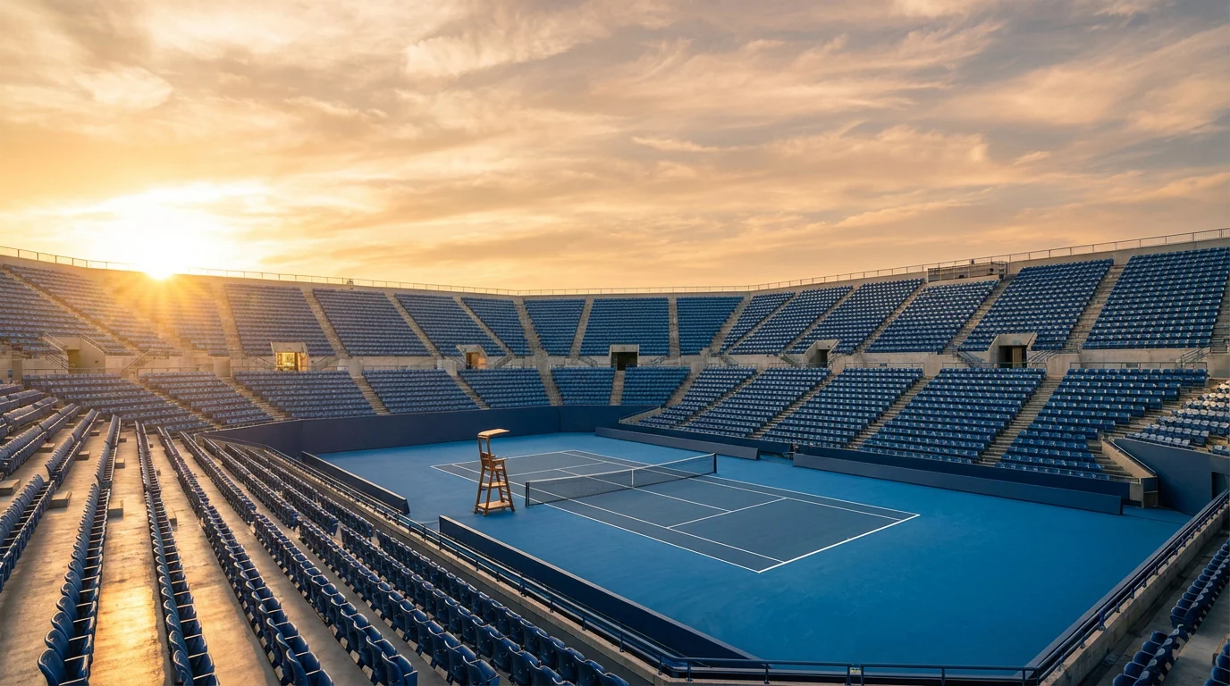 Estadio de tenis vacío con pista dura preparado para un torneo Masters