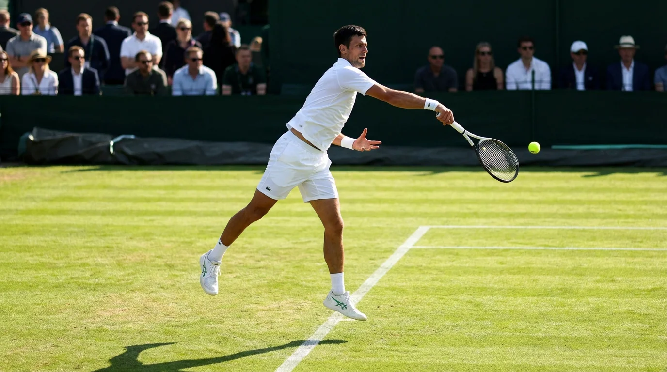 Tenista sirviendo en una pista de hierba durante un torneo profesional de tenis