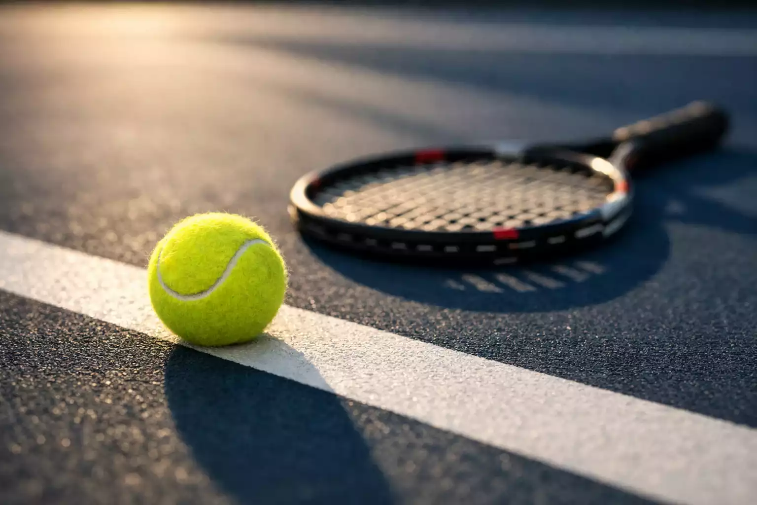 Pelota de tenis sobre pista con raqueta profesional