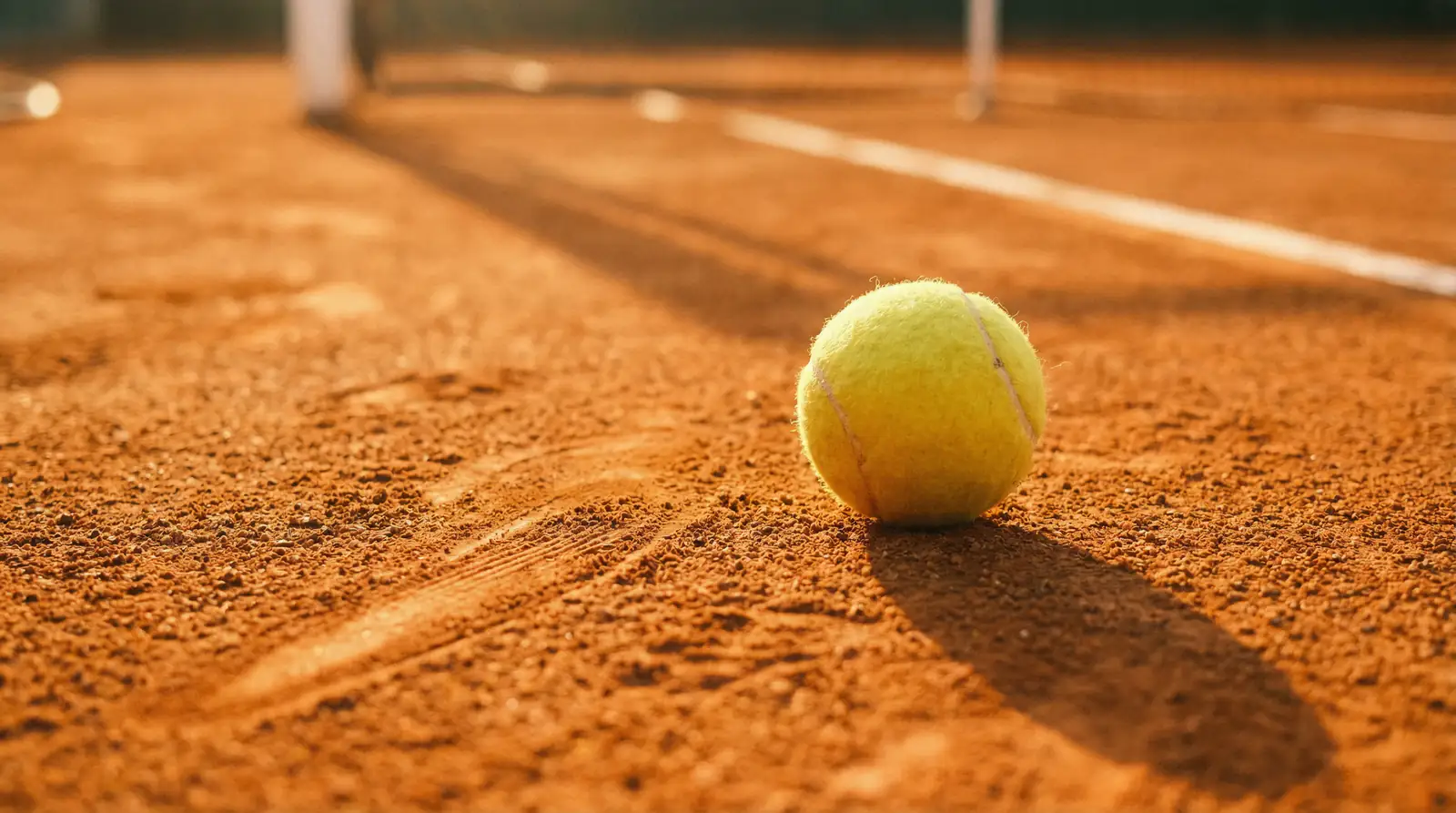 Pelota de tenis sobre una pista de tierra batida iluminada por el sol de la tarde