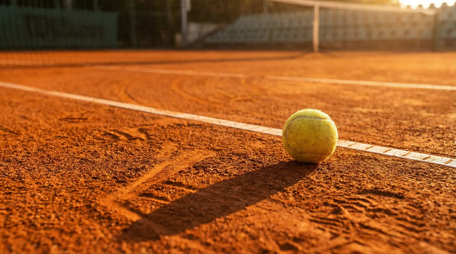 Pista de tierra batida de tenis con líneas marcadas y pelota sobre la arcilla naranja