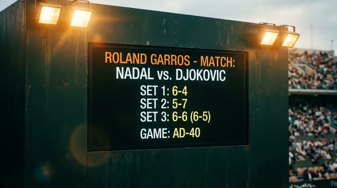 Marcador electrónico mostrando el resultado de un partido de tenis en una pista profesional