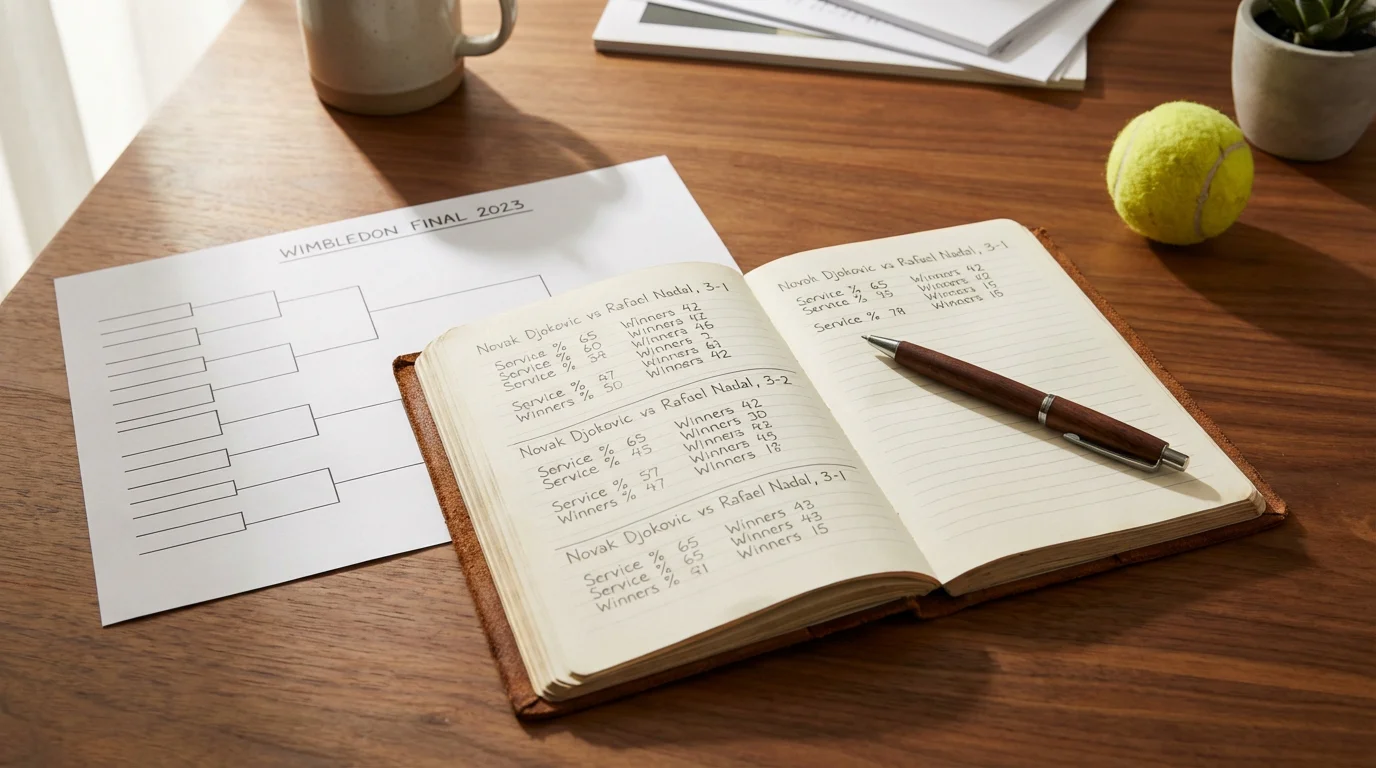 Persona revisando datos de tenis en un escritorio con un cuaderno abierto