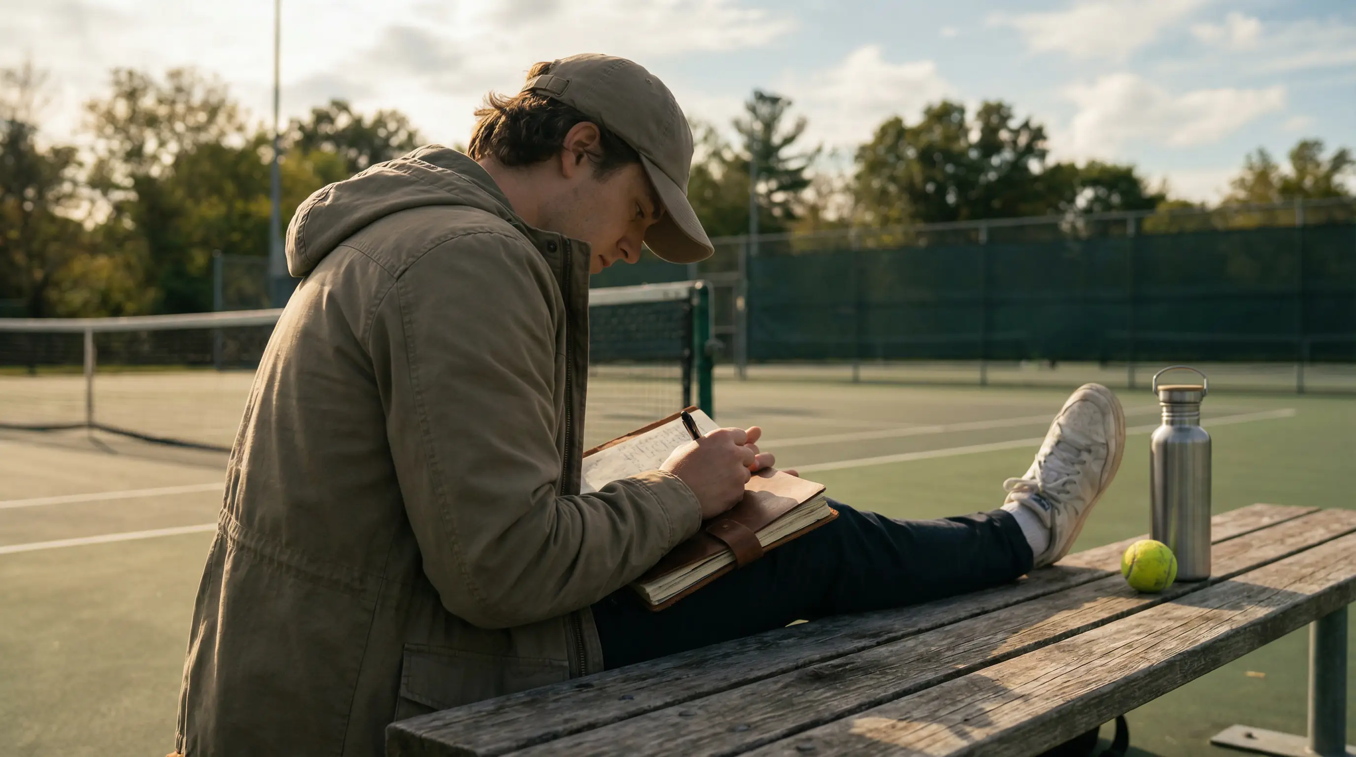 Persona tomando notas en un cuaderno junto a una pista de tenis al aire libre