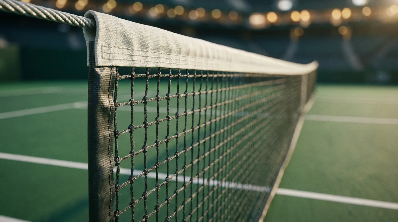 Red de tenis vista de cerca con la pista iluminada y líneas blancas al fondo
