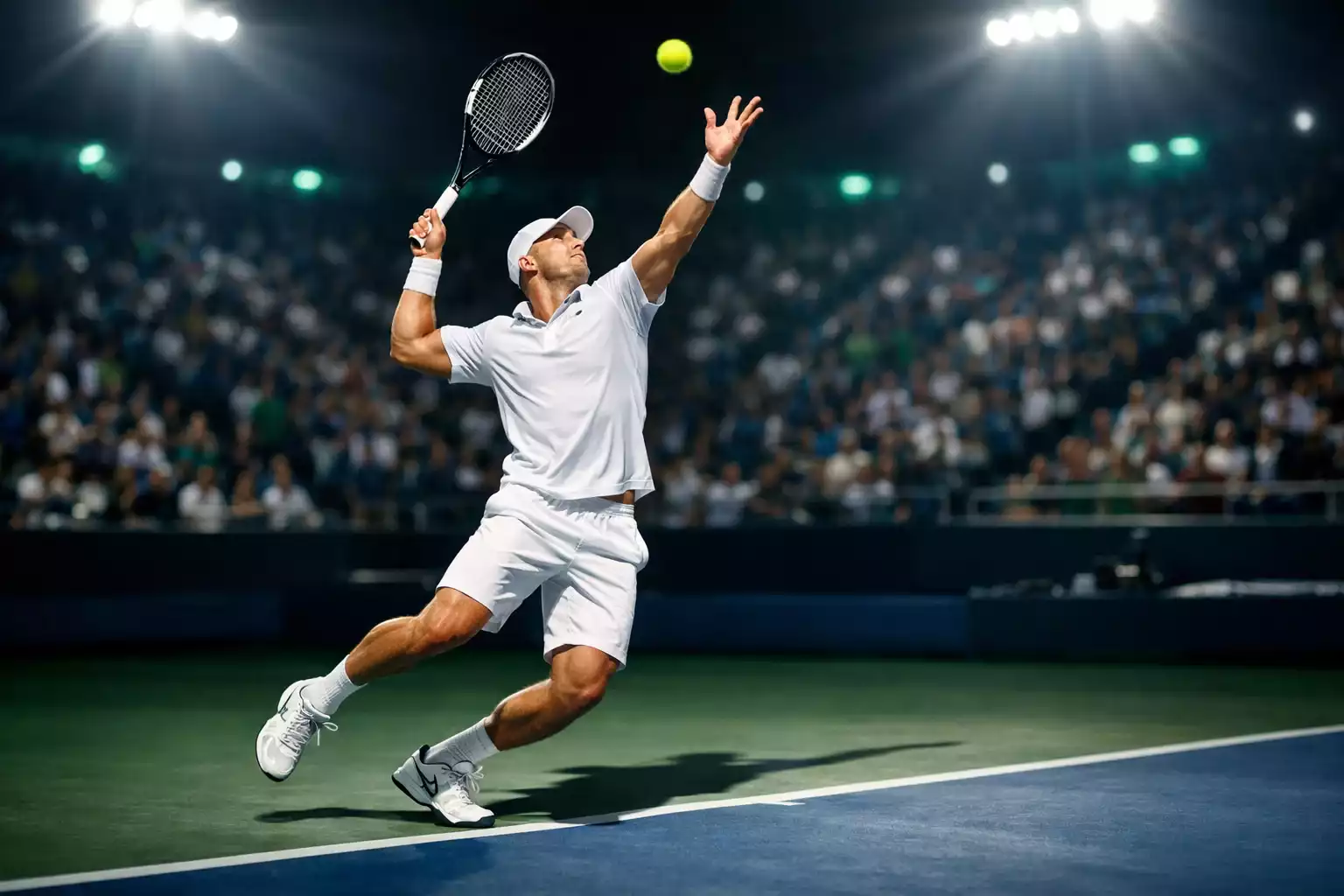 Jugador de tenis profesional ejecutando un saque potente en pista dura bajo focos del estadio