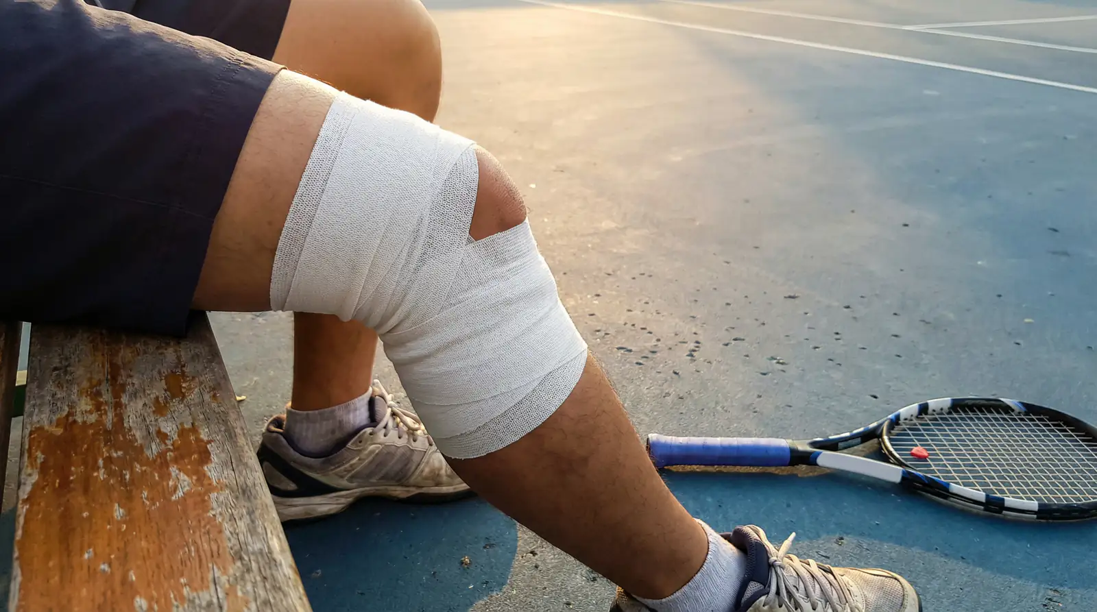 Rodilla de tenista con vendaje deportivo junto a una raqueta en el suelo de la pista