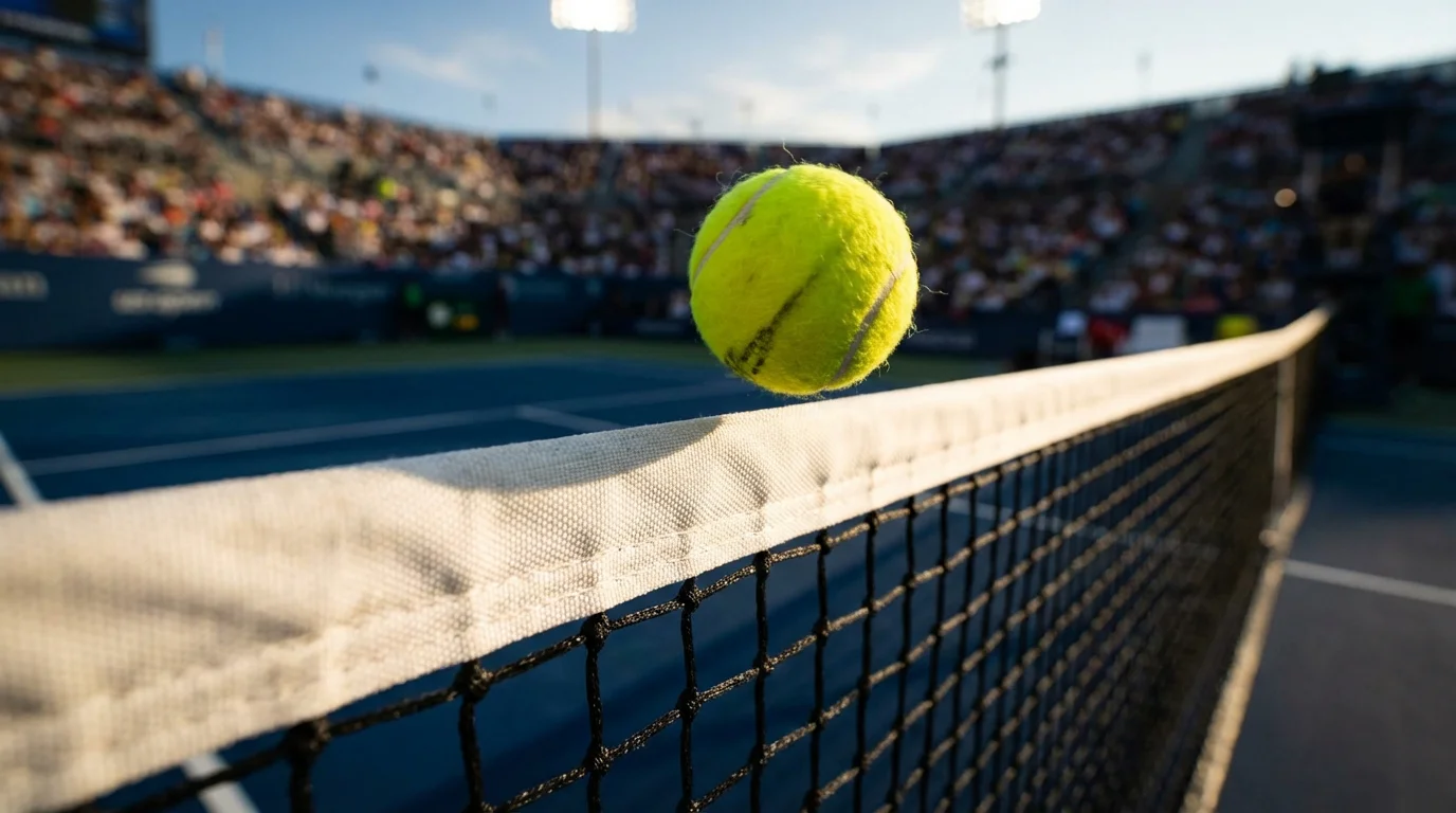 Pelota de tenis en movimiento pasando sobre la red en una pista profesional