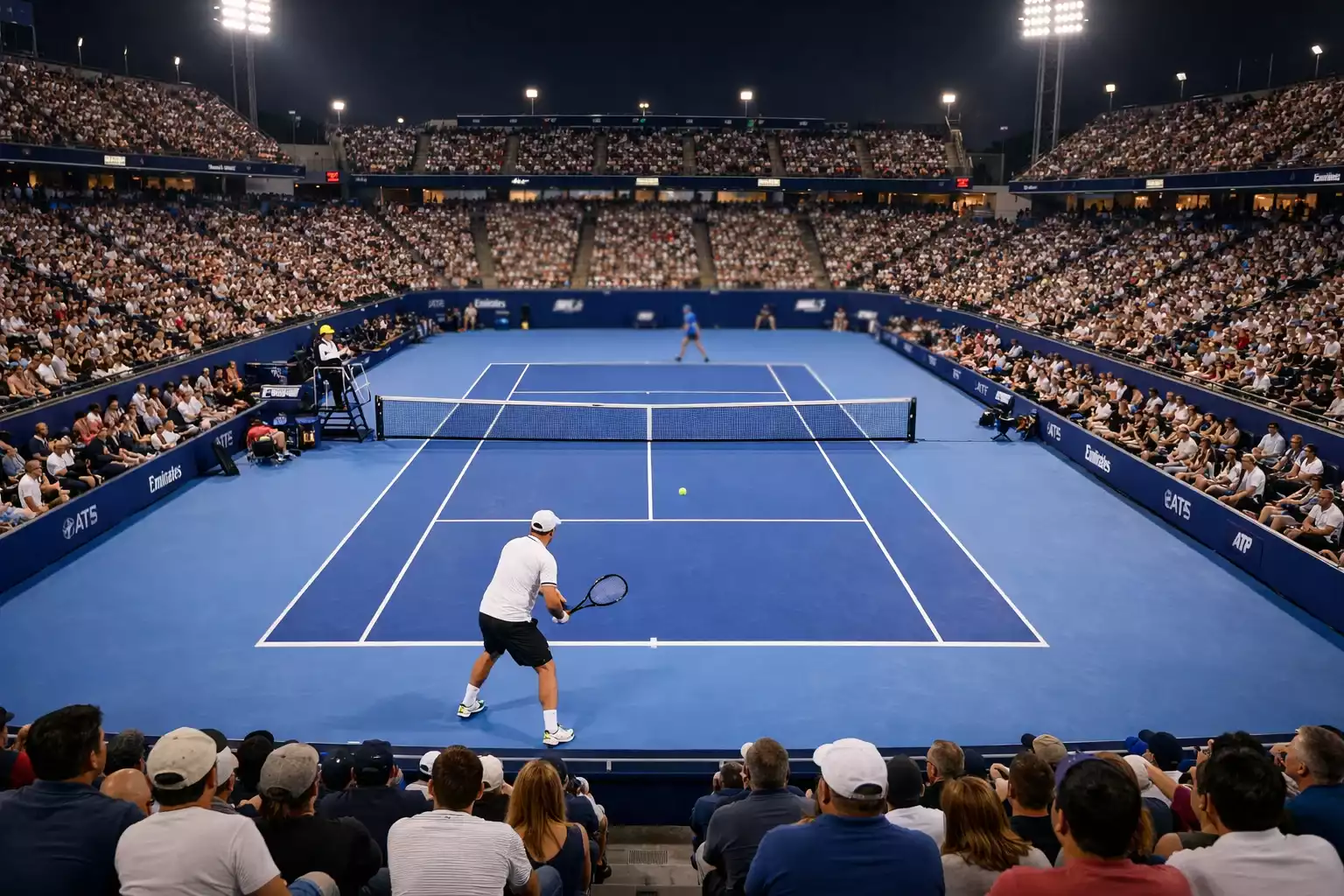 Partido de tenis visto desde las gradas del estadio