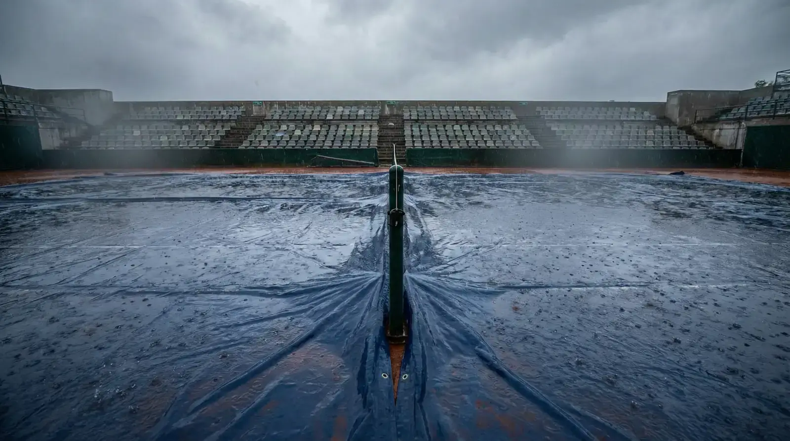 Pista de tenis cubierta con lona protectora bajo la lluvia durante una suspensión