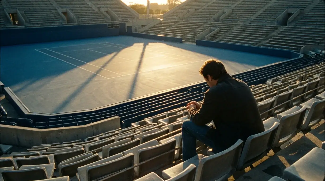 Persona sentada frente a una pista de tenis vacía en actitud reflexiva y concentrada