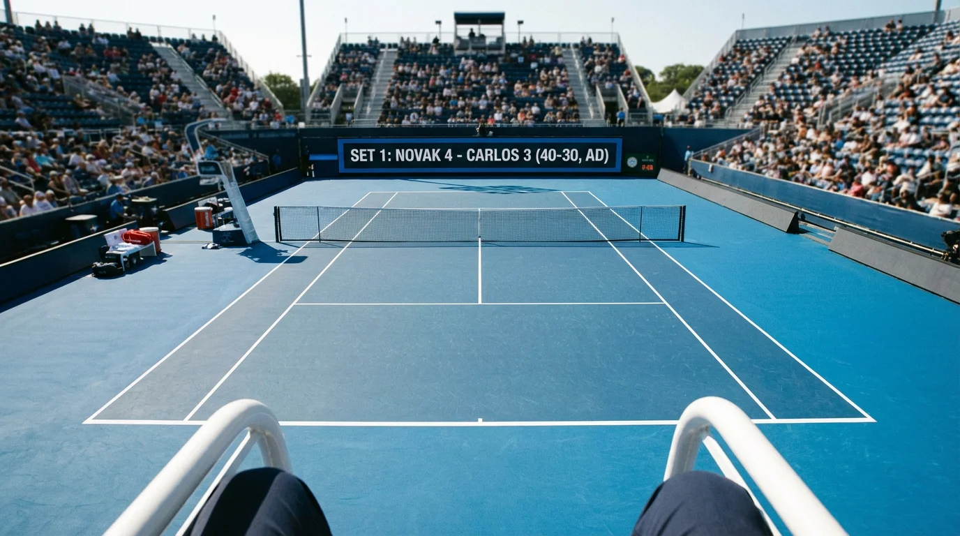 Marcador de un partido de tenis en una pista profesional con gradas al fondo