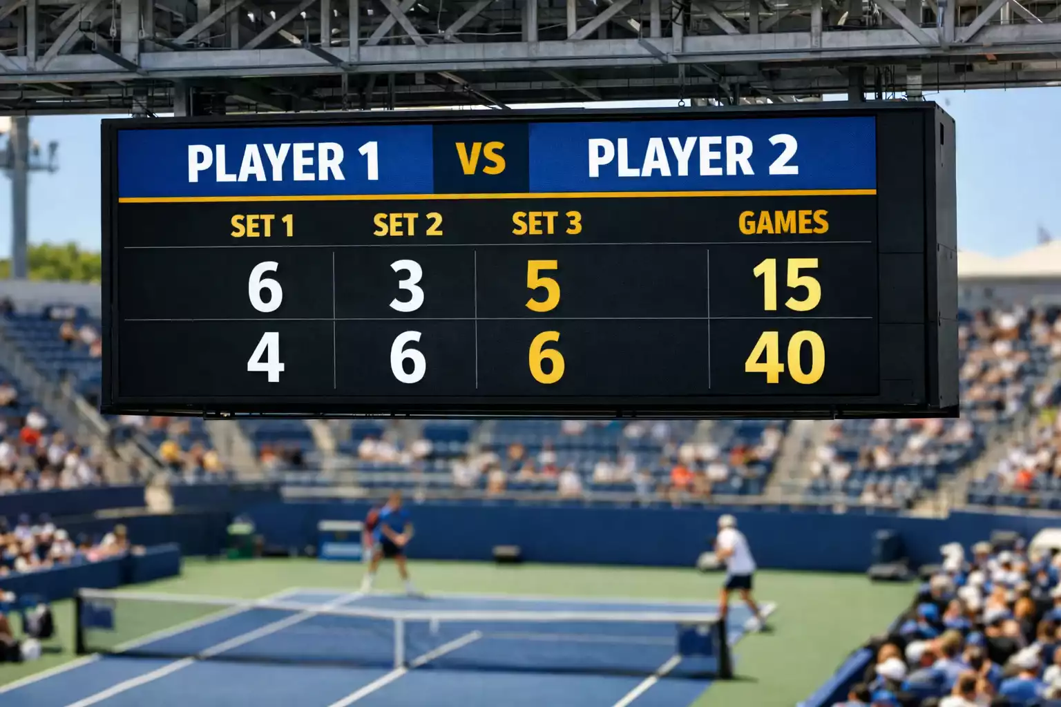 Marcador electrónico de tenis mostrando resultado de partido durante competición profesional