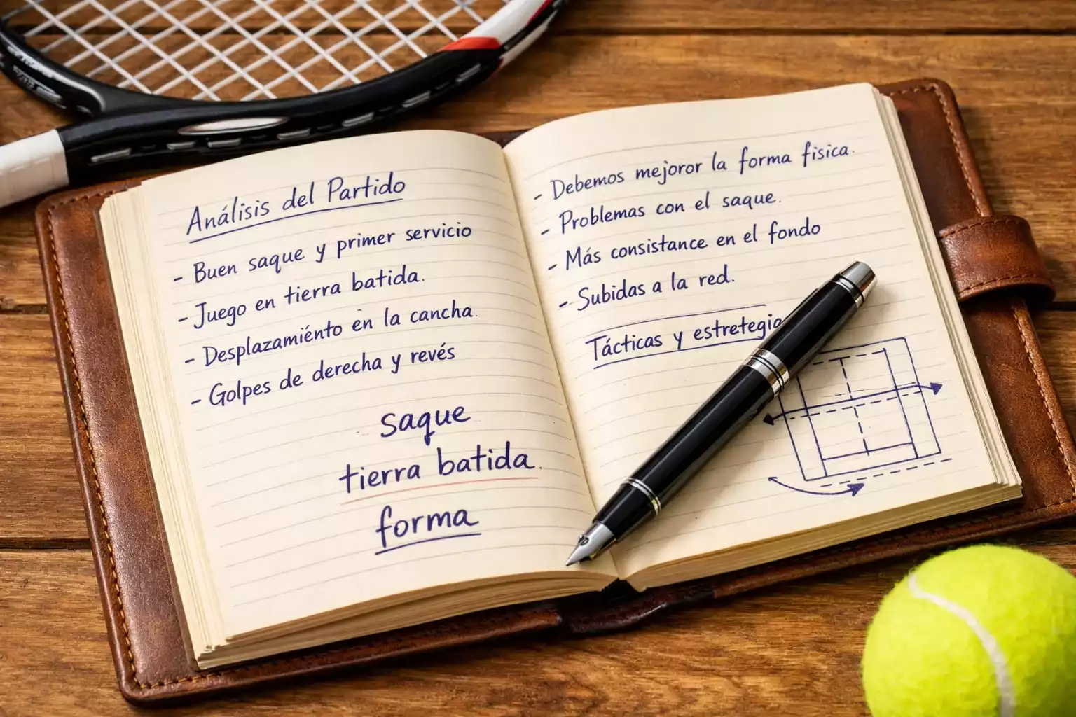 Cuaderno abierto con notas manuscritas sobre análisis de partidos junto a raqueta de tenis