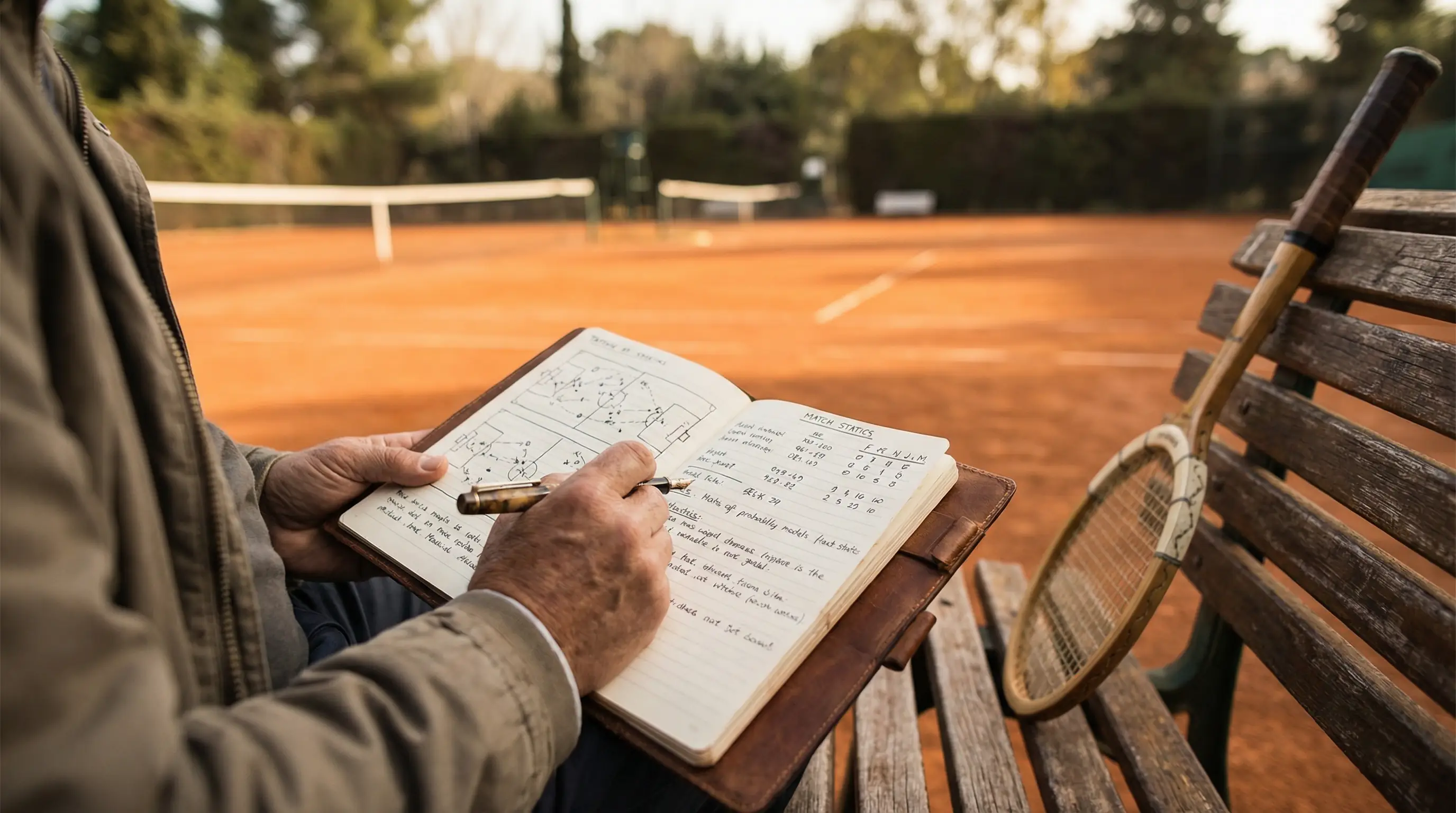 Persona analizando estadísticas de tenis en un cuaderno junto a una pista de tierra batida