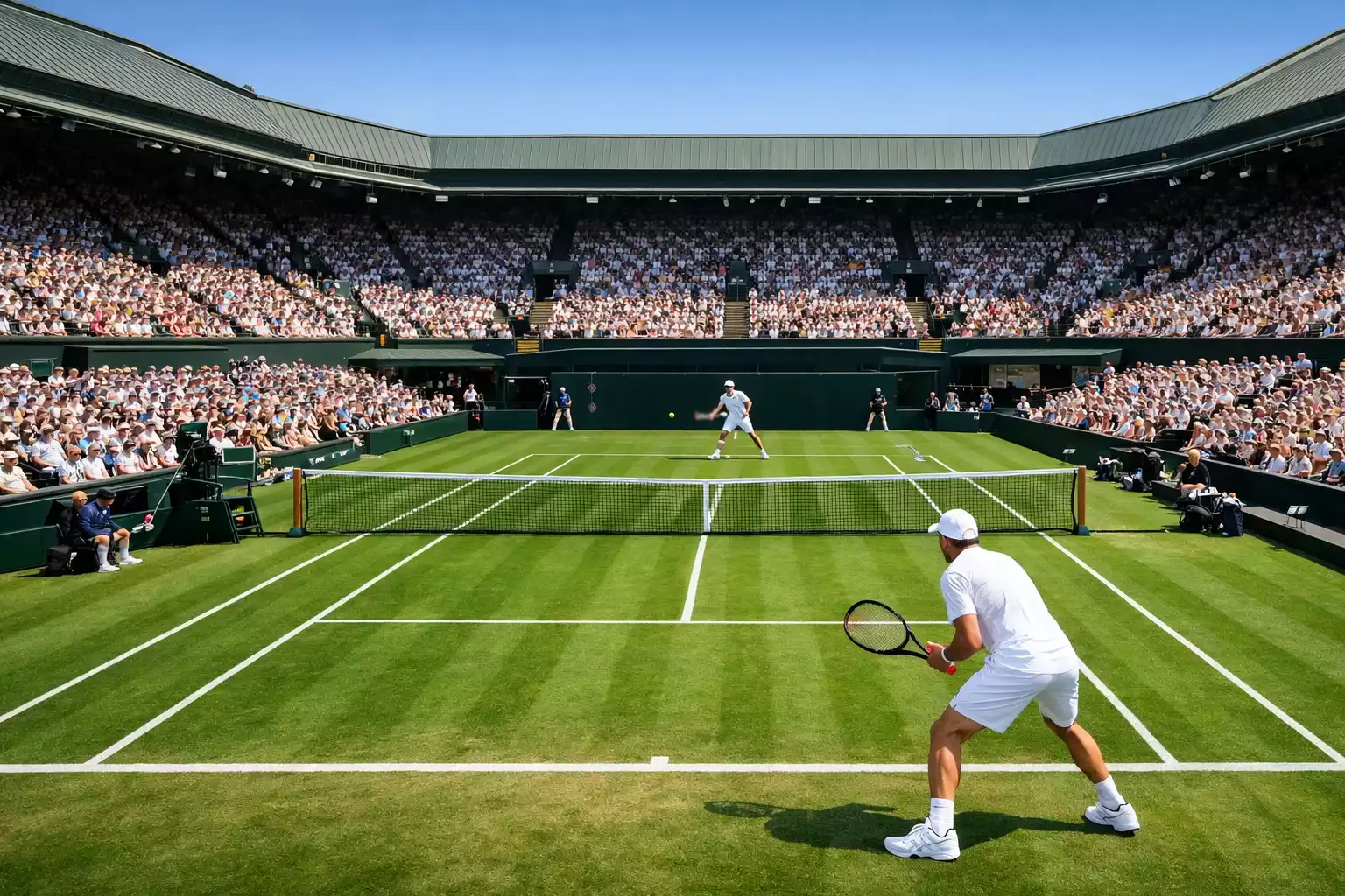Vista panorámica de pista central de hierba durante partido de Grand Slam con gradas llenas